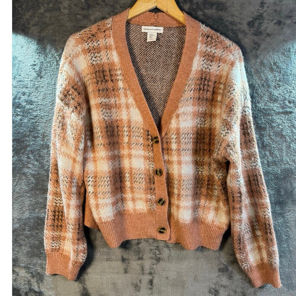 Cupcakes & Cashmere plaid brushed cropped cardigan Women’s XL Pink/Brown